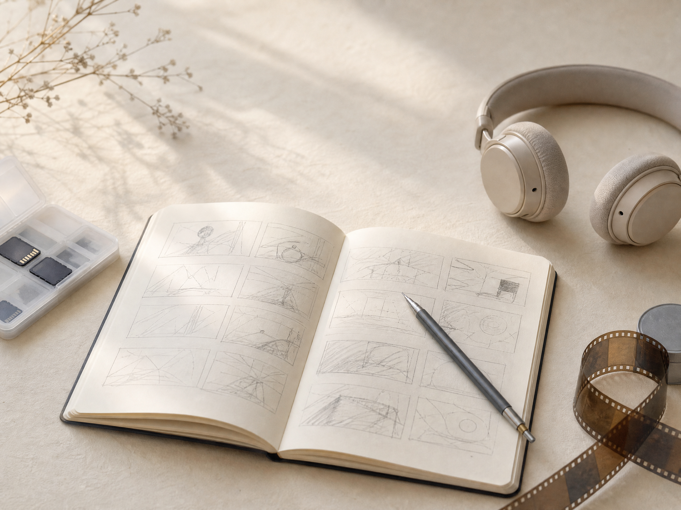 笔记本、分镜草图与视频制作工具构成的创作场景